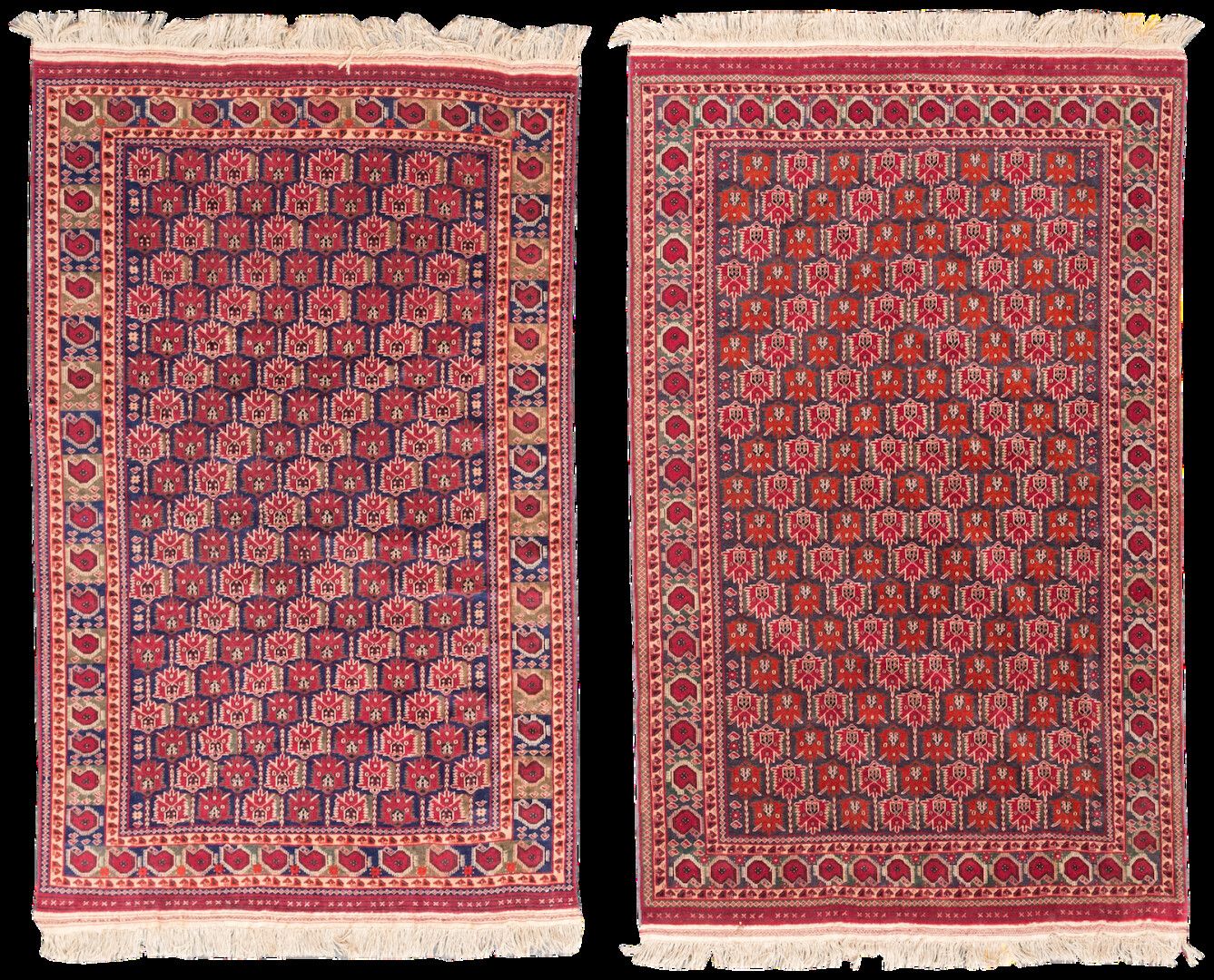 Null Paire de tapis en laine nouée à fond rouge et bleu.

Béchir Boukhara, Ouzbe&hellip;