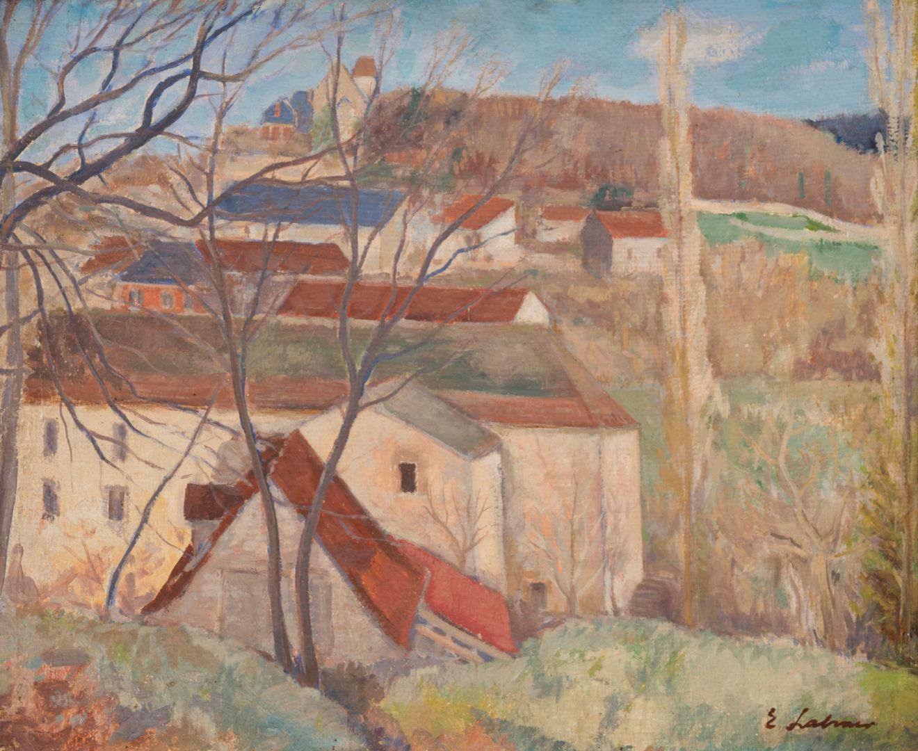 Null 埃米尔-拉赫纳(Emile LAHNER) (1893-1980)

红色屋顶

板面油画，右下角有签名

60 x 73厘米。