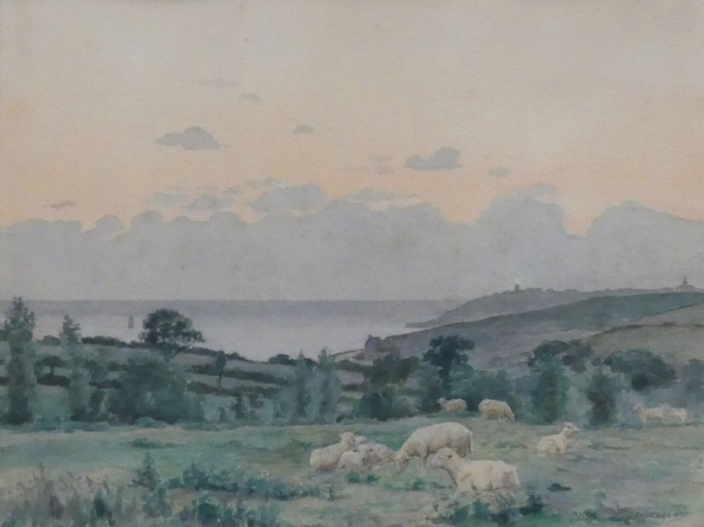 Null 查尔斯-布吕尼奥(?-1891)

海边的羊群，布列塔尼

右下角有签名的水彩画

视图：29 x 37厘米