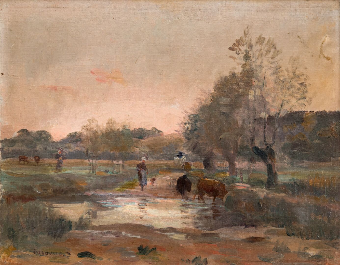 Null 阿尔芒-贝瓦（Armand BEAUVAIS） (1840-1911)

有牛的风景

布面油画，左下角有签名

26 x 32 cm