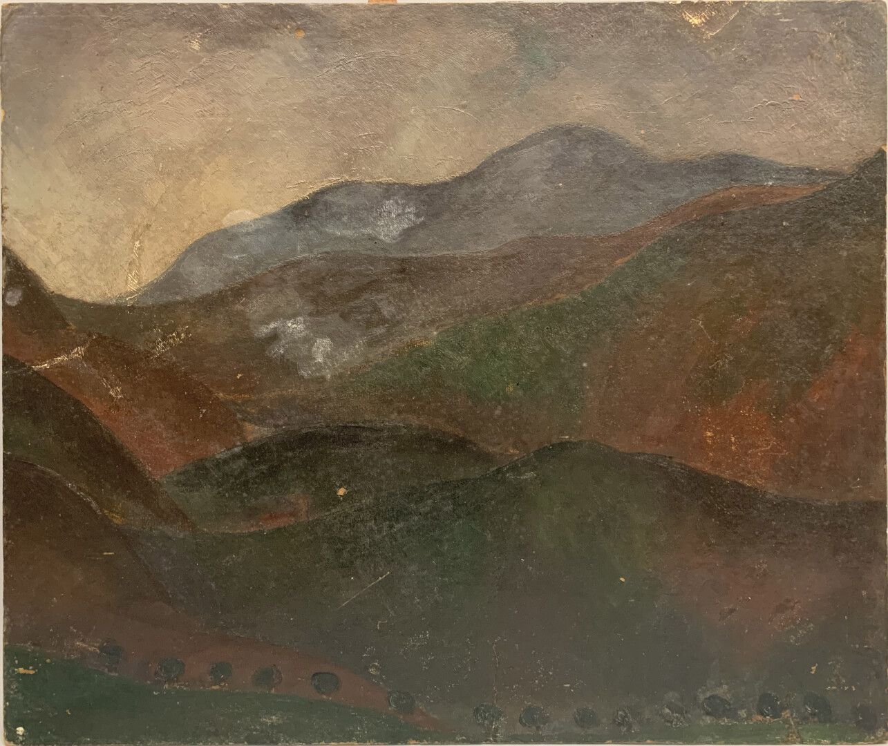Null 法国学校20世纪初

山地景观

安装在镶木板上的纸板上的油画

60,2 x 73,8 cm (小事故)
