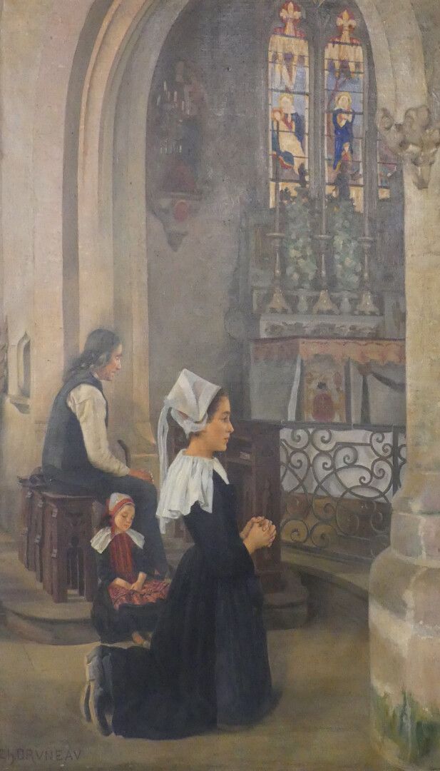 Null 查尔斯-布吕尼奥(?-1891)

圣餐者：在布列塔尼的一个教堂内

大型布面油画，左下角有签名

126 x 80 cm