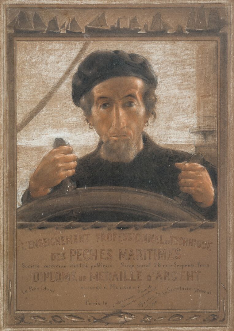 Null 海报项目：海上桃子的职业技术教育...银质奖章文凭...

粉彩和铅笔，右下角署名 "Moulins?"，日期为 "1910"。

视图：63 x 4&hellip;