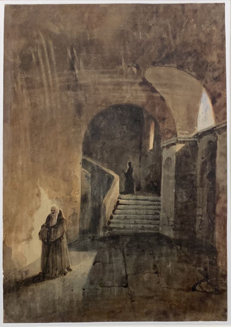 Null 法国学校，19世纪初，格拉内的随行人员

墓穴中的僧人

纸上水墨画和水彩画

33,2 x 23 cm。