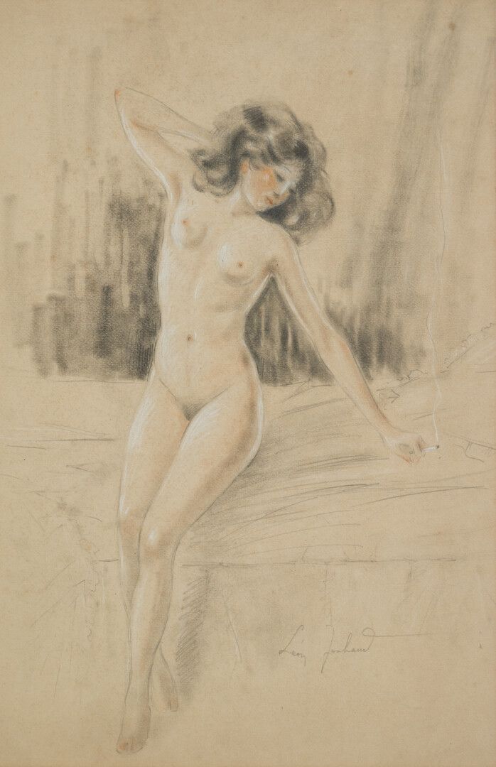 Null 莱昂-朱胡德(Léon JOUHAUD) (1874-1950)

抽着烟的裸体

铅笔画和粉笔高光，右下方有签名

43 x 28 cm