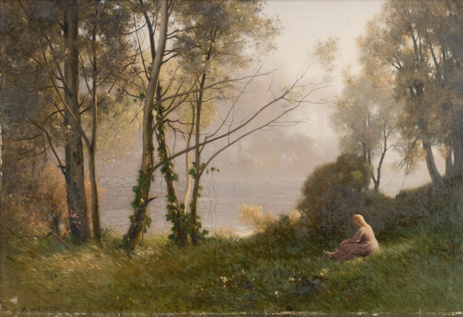 Null 阿尔弗雷德-德-库尔松(1820-1895)

湖边的梦想家

布面油画，左下角有签名

50 x 73 cm
