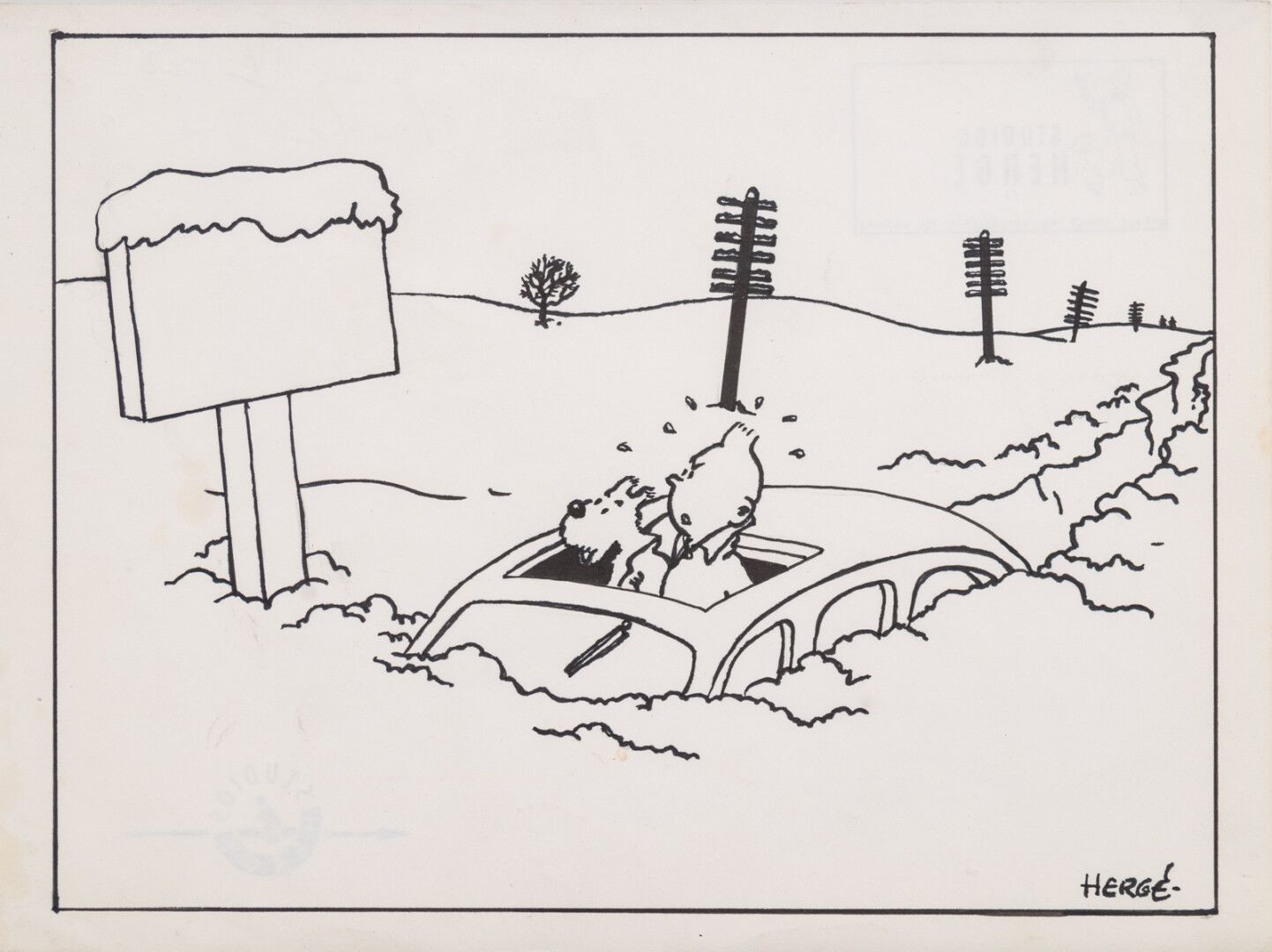 Null 海格（工作室

丁丁和小雪--贺卡的项目

右下方有签名的印度水墨画，背面有Hergé工作室印章

19 x 25,5 cm