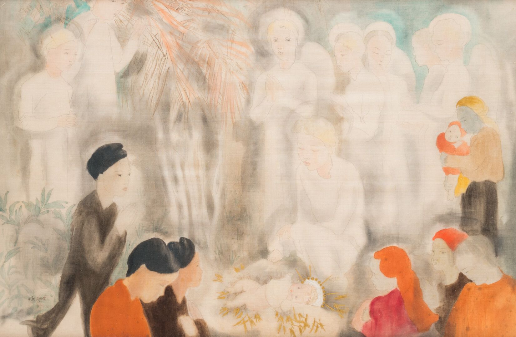 ALIX AYMÉ (1894-1989) 阿里克斯-艾梅(1894-1989)

耶稣诞生的场景

丝绸上的水墨画，左下角有签名

32,5 x 65 cm