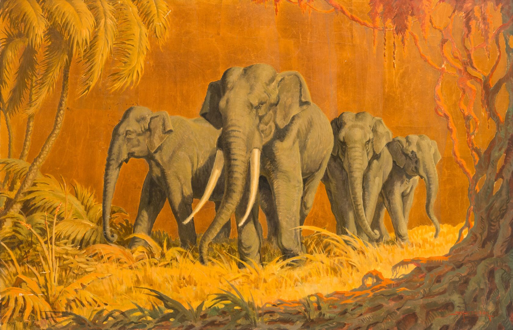 Null Jacques CARTIER (1907-2001)

大象的行进

右下角有签名的油彩和金箔的伊索尔面板

65 x 100厘米（材料的小跳动