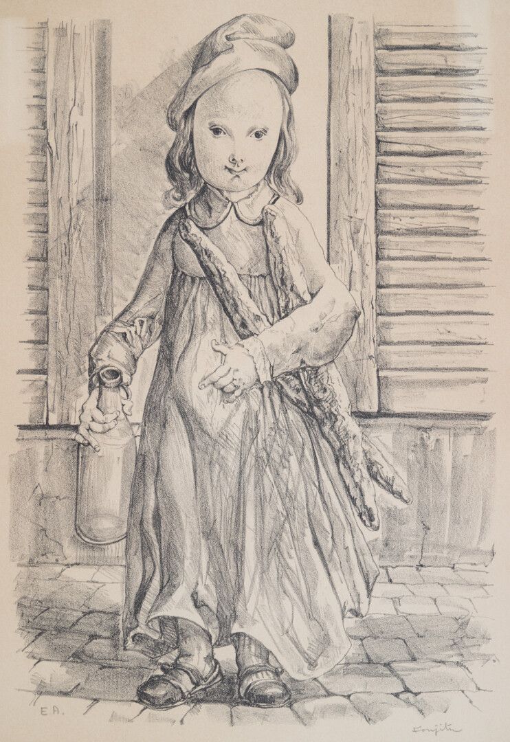 Null Léonard FOUJITA (1886-1968)

拿着面包棒的女孩

石版画 艺术家的证明，右下方有签名

48,5 x 34 cm
