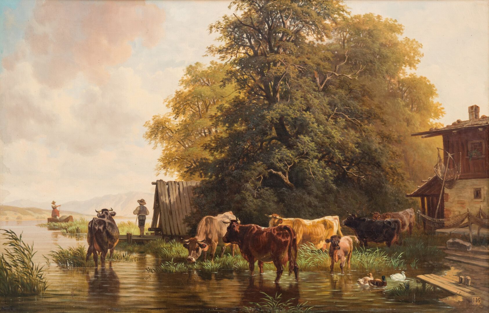 Null 爱德华-戈泽尔曼(Eduard GÖTZELMANN) (1830-1903)

有牛的生动景观

布面油画，右下角有签名

68 x 106 cm