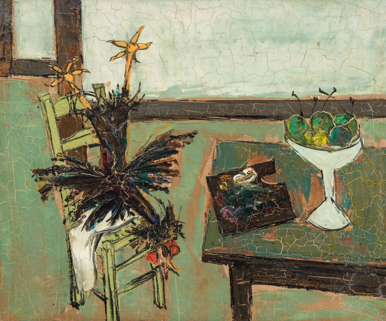 Null 克劳德-维纳 (1913-1999)

有公鸡、调色板和水果碗的静物画，1948年

布面油画，背面有签名和日期

37 x 45厘米

(裂缝)

&hellip;