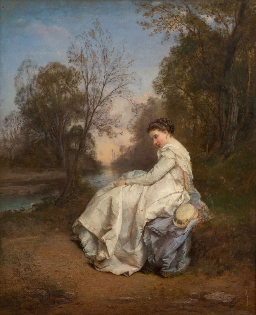 Null 多米尼克-巴隆（XIX

穿着白色连衣裙和蓝色斗篷的年轻优雅的女人

布面油画，左下角有 "D.BARON"。

73 x 59 厘米