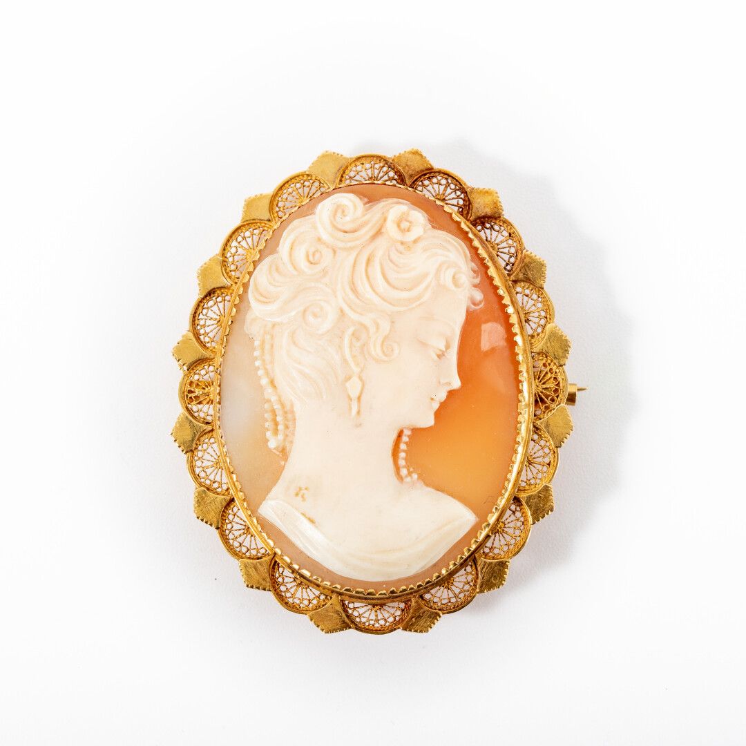 Null Brooch pendant engraved in cameo on shell "lady's profile" openwork gold se&hellip;