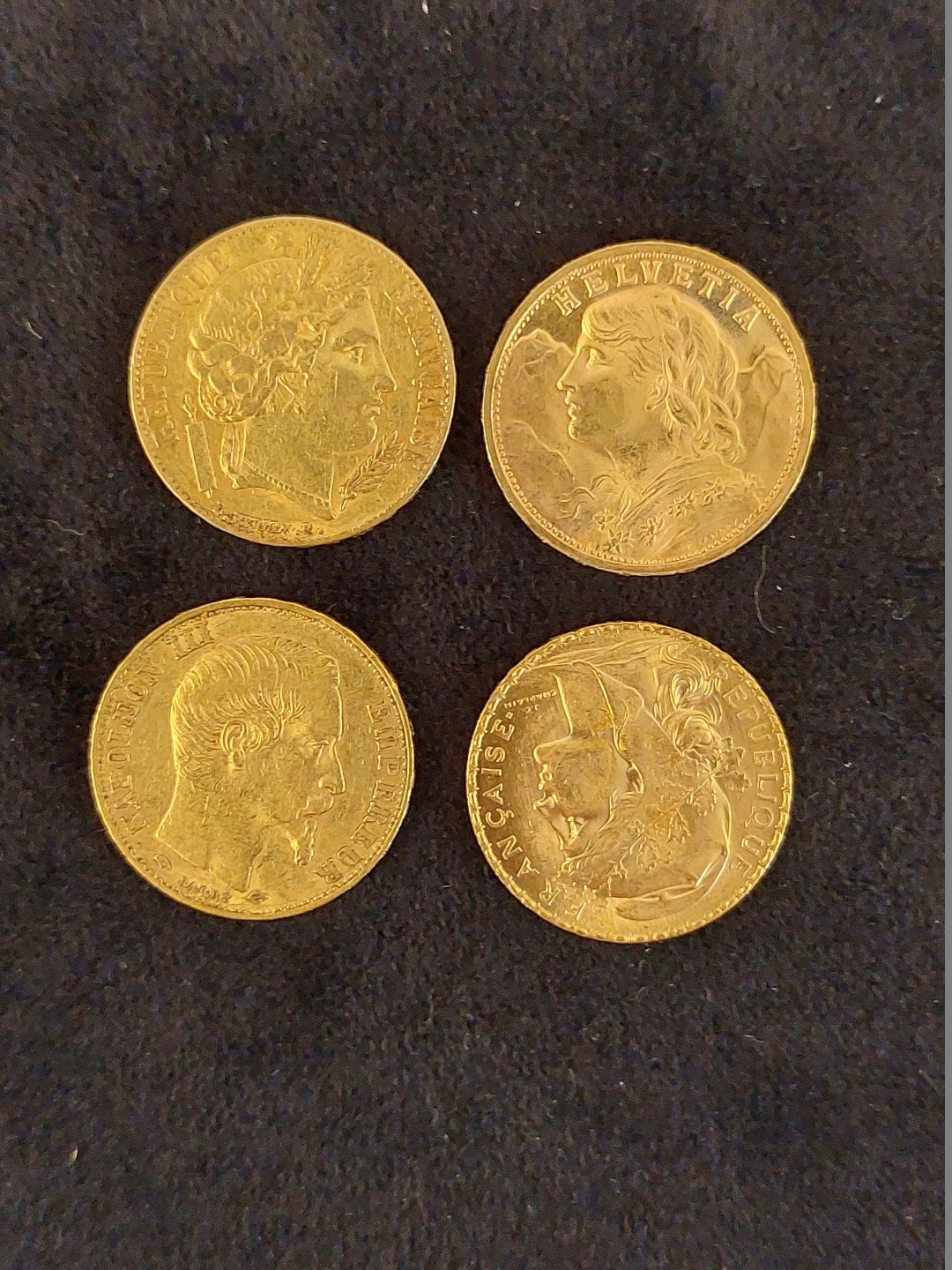 Null 4 coins of 20 Fr Napoleon III, Ceres, Coq, Switzerland
