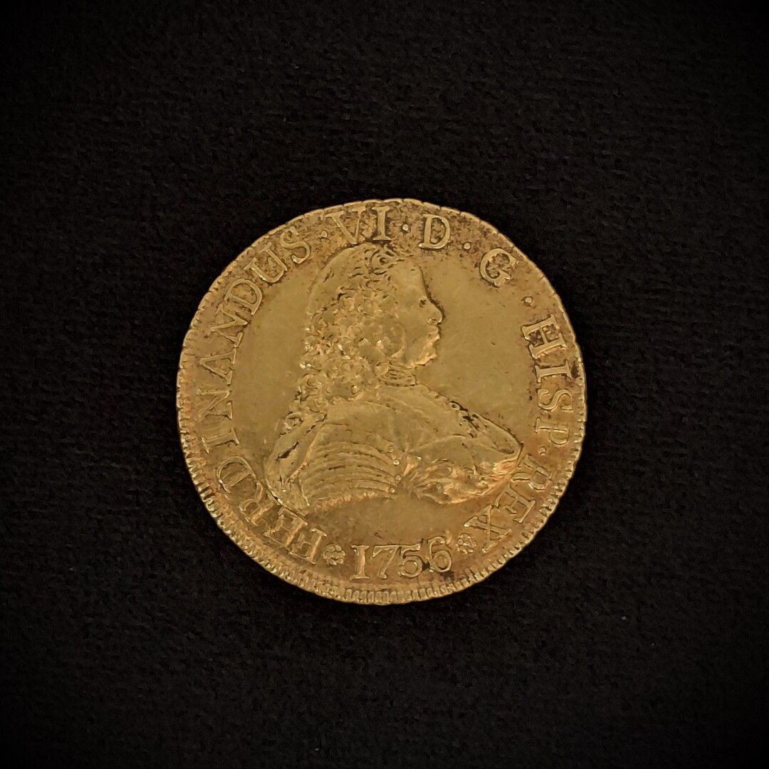 Null Gold coin of 1756, Santiago, Chile, 8 Escudos. 

Weight: 26.7 g