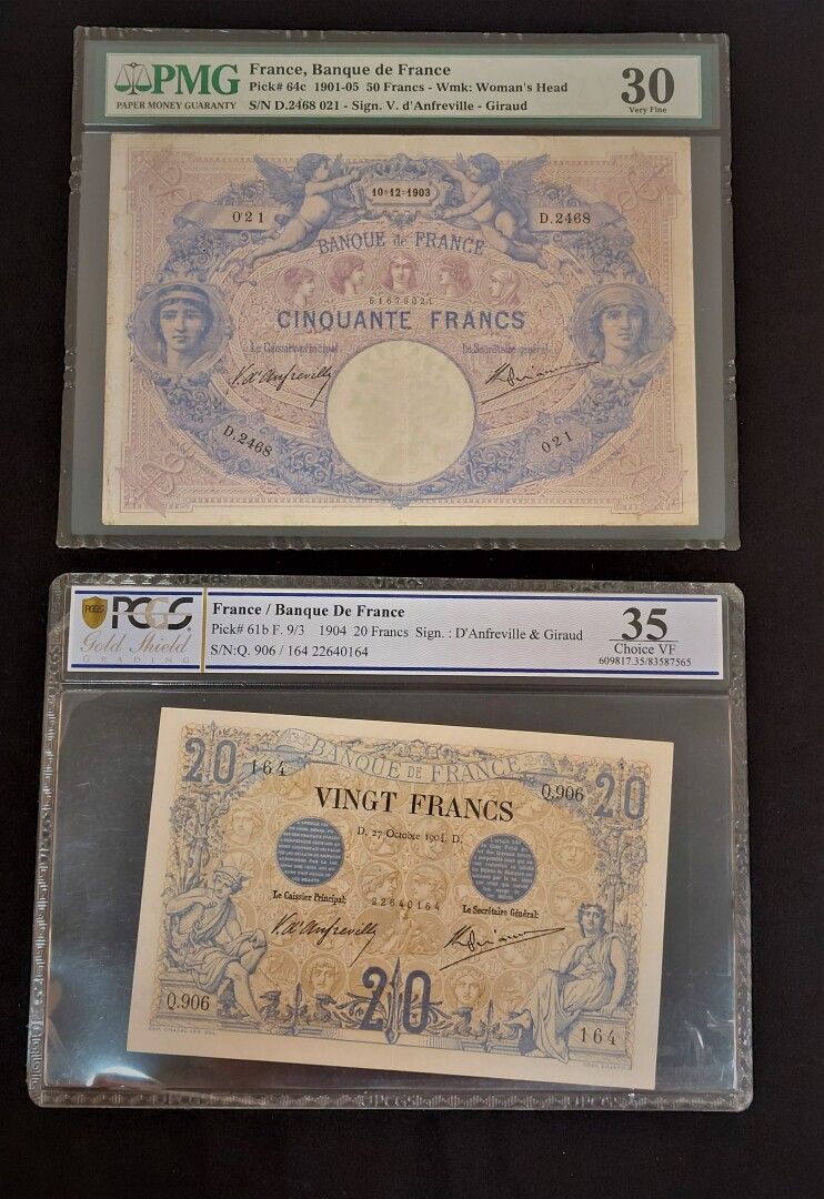 Null 一套两张纸币，1张1904年的黑色20法郎纸币PCGS35和1张蓝色和粉色的50法郎纸币PMG30