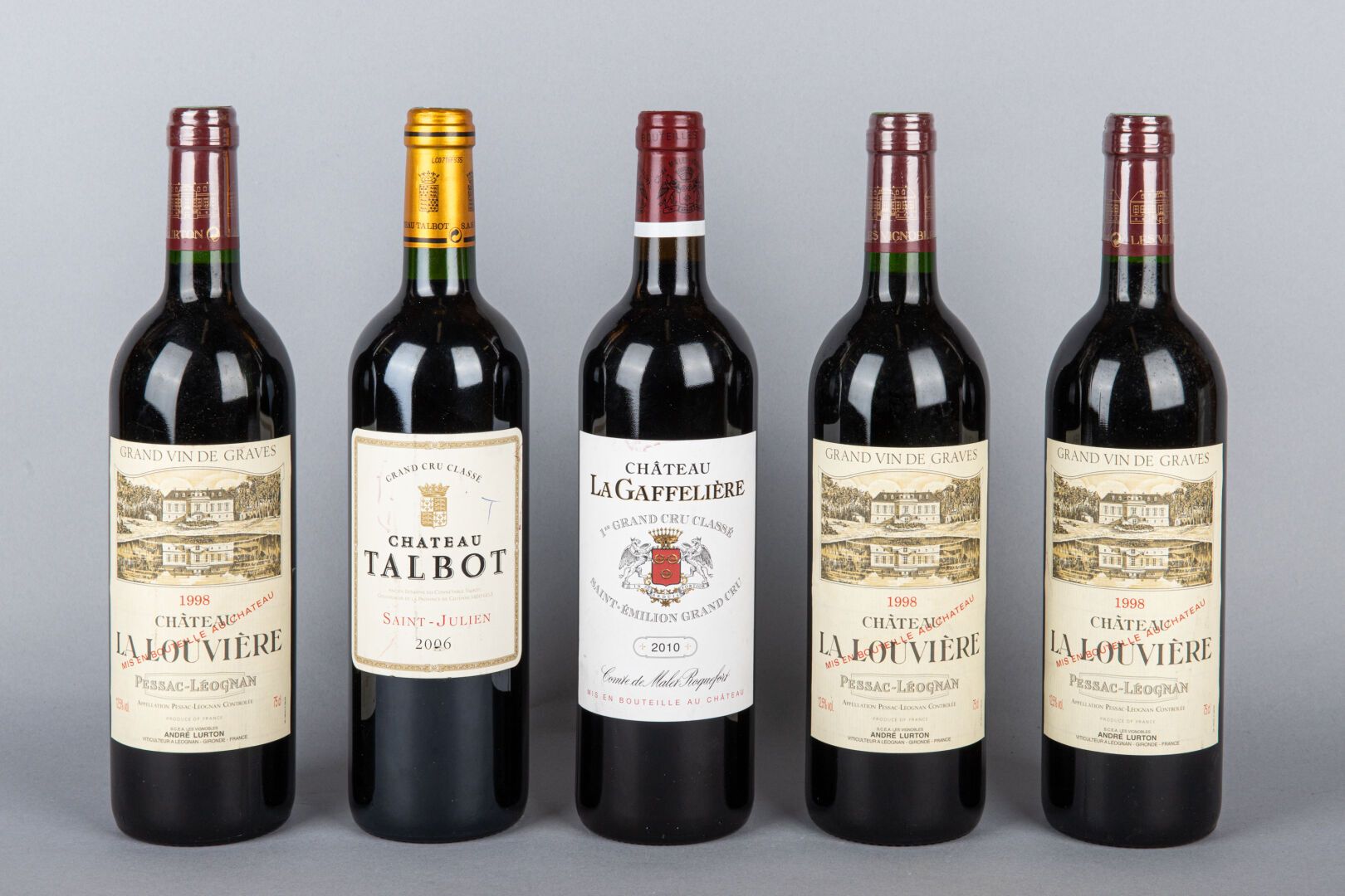 Null 5瓶波尔多葡萄酒（3瓶La Louvière 1998，1瓶La Gaffelière 2010，1瓶Talbot 2006 elt）。