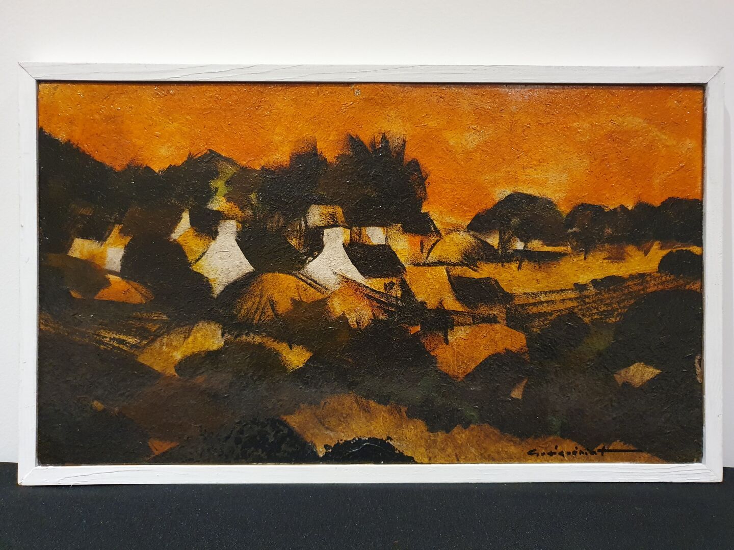 Null 盖居安-热拉尔（二十世纪）：《黄昏的村庄》，板上混合技术，有框架。尺寸：30 x 52厘米。