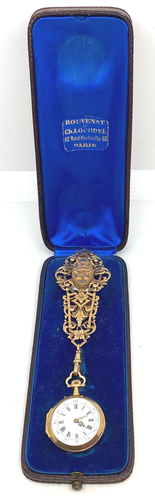 Null Taschenuhr aus Gelbgold 750/1000e, d.H. 18 Karat, und ihre schöne Brosche a&hellip;