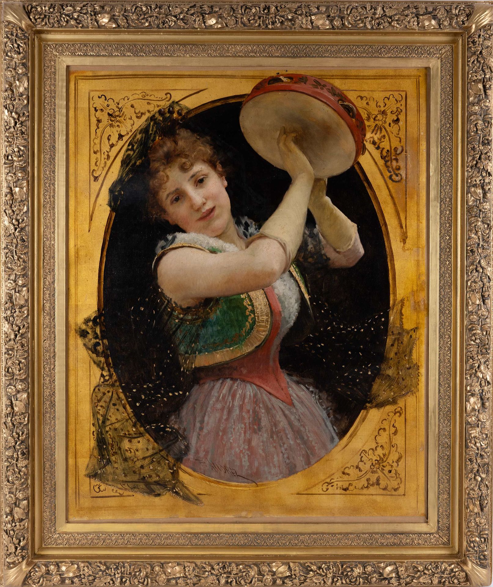 Null 保罗-安德里兹（19-20 世纪），Jeune femme au tambour，布面油画，左下方有签名，高：92 厘米，宽：73 厘米，修复，镶嵌在&hellip;
