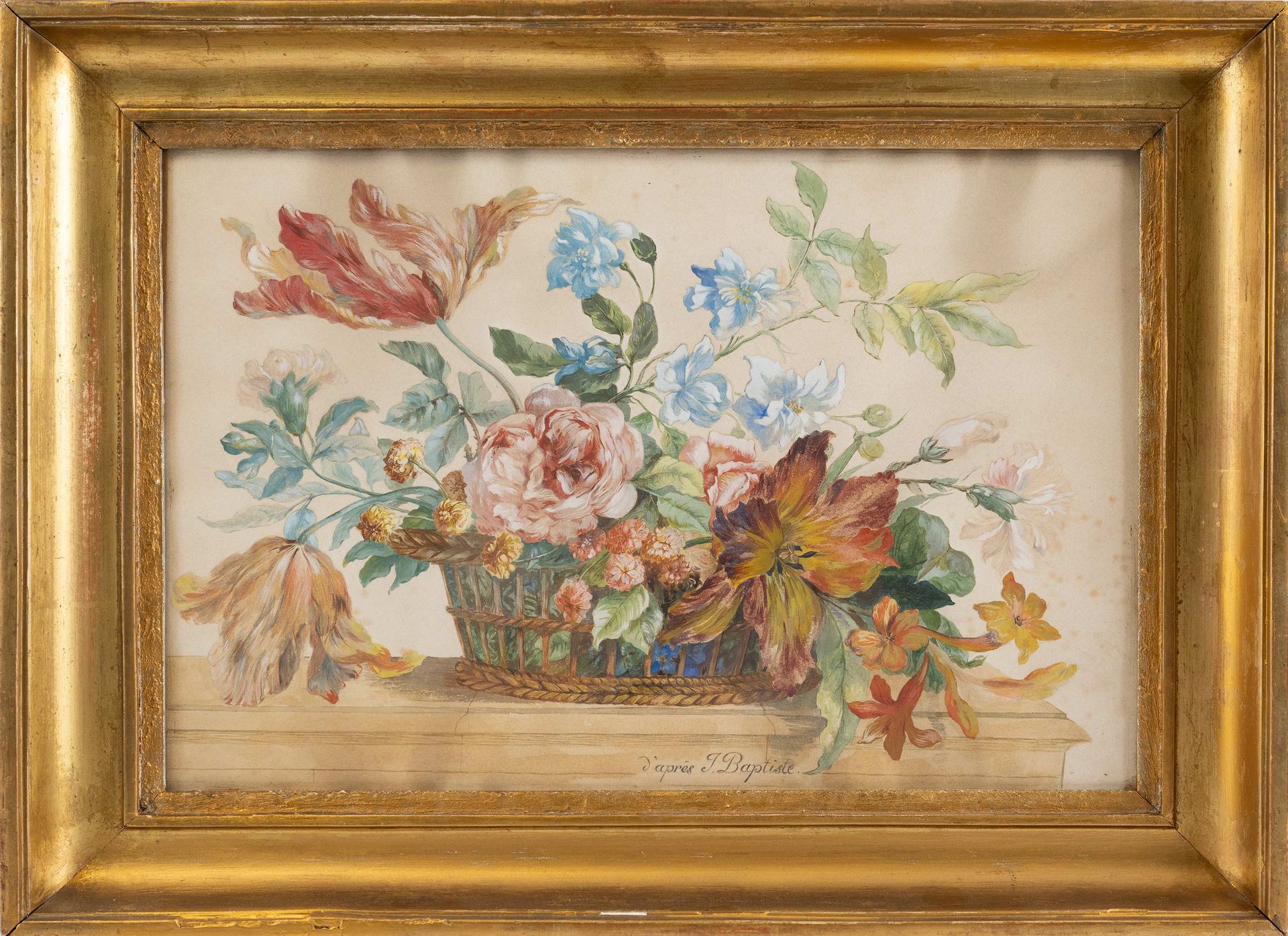 Null 19 世纪法国学院派作品，取材于 J. Baptiste 作品，内饰上的花篮，水彩和水粉，高：25.5 厘米宽：35.5 厘米，有褐色斑点