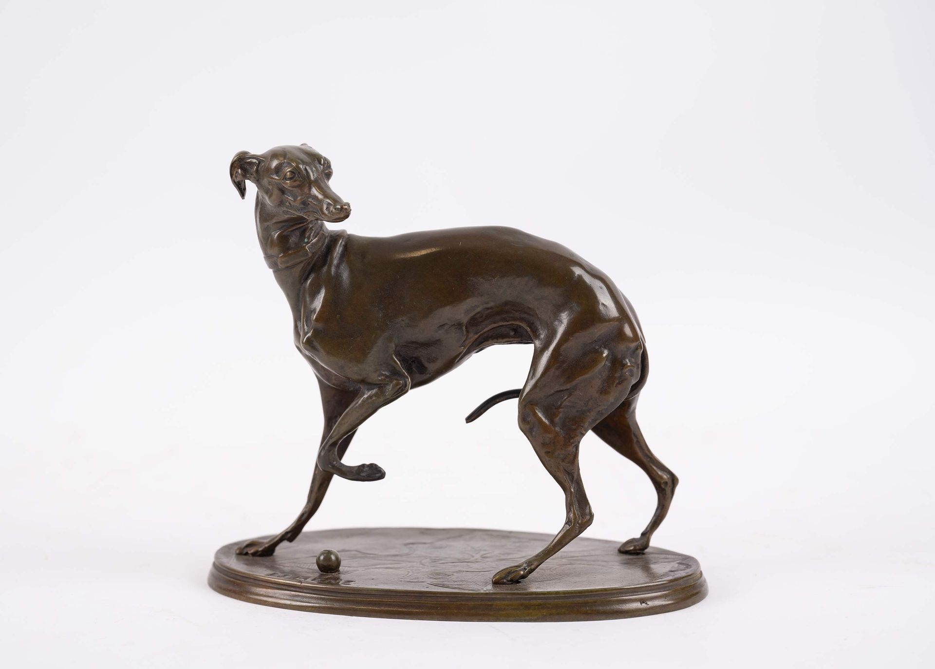 Null D'après Pierre-Jules MENE (1810-1879), "Levrette à la patte levée", bronze &hellip;
