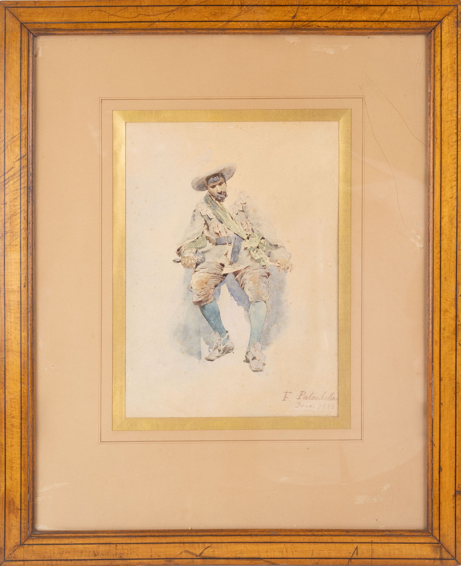 Null F. PALOMBELLA, (19th c), Mousquetaire, watercolor signed, located in Rome, &hellip;