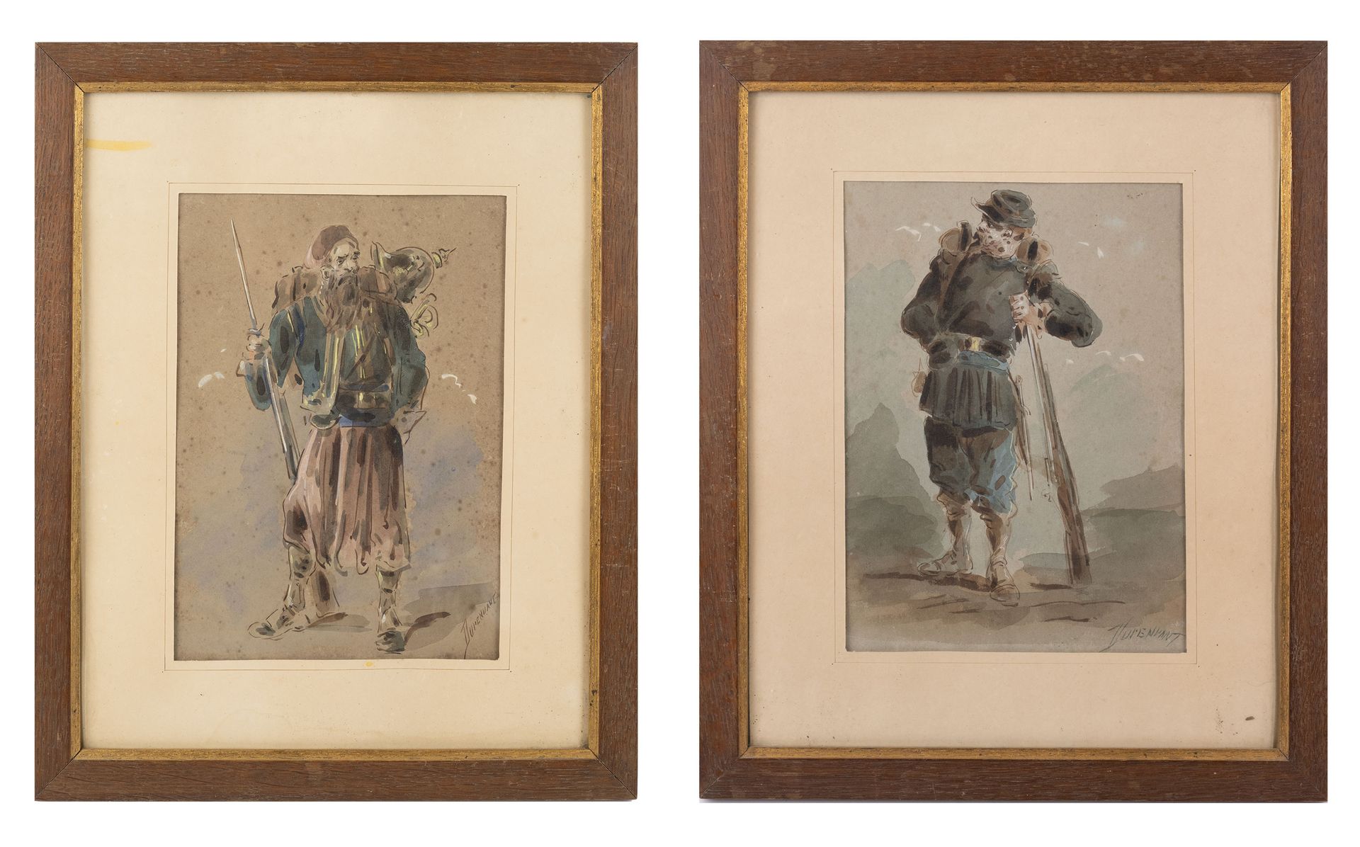 Null 亚历山大-杜本丹（1833-1884 年），《Les zouaves》，由两幅水彩画组成，底部有签名，高：27.5 厘米，宽：20 厘米（视图），有雀&hellip;
