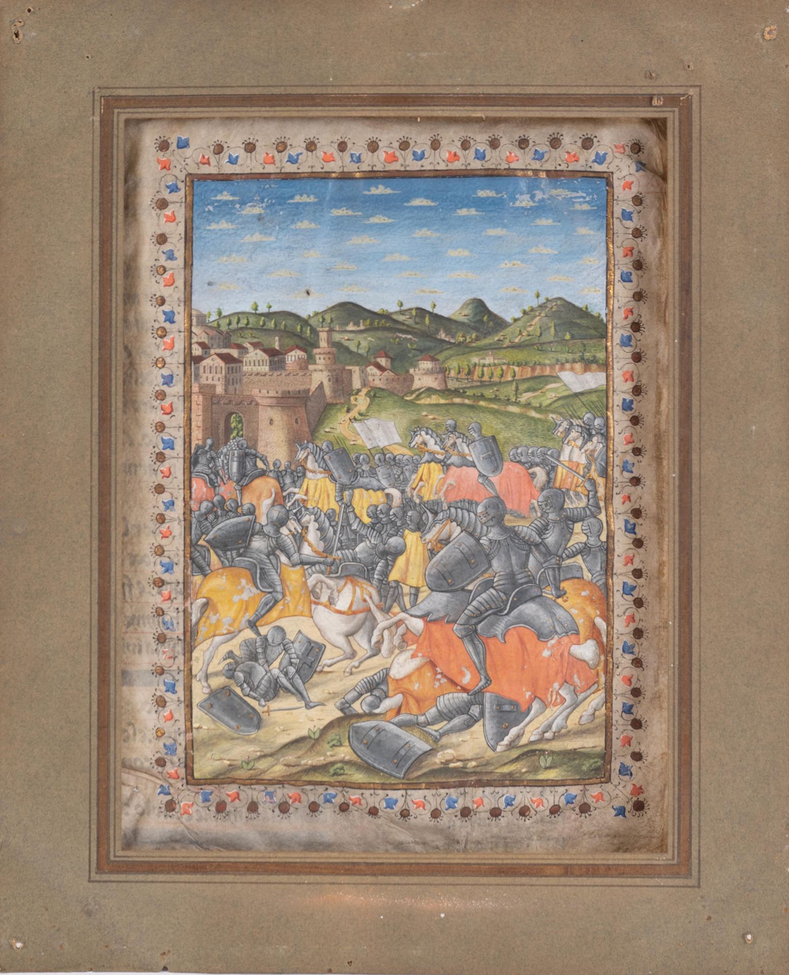 Null 插图对开本，配有塔索的《耶路撒冷的解救》的文字和插图。法国，18-19 世纪
城墙下战斗的骑士。棕色墨水上的水粉画，金色高光；花卉边框。
背面是塔斯的&hellip;