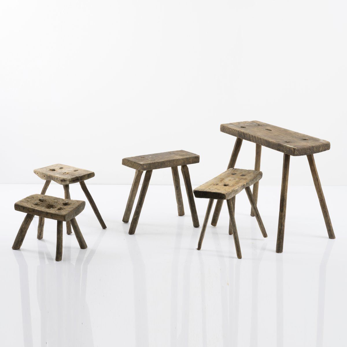 Null Scandinavia, 5 stools, 1920s, H. 23 - 49.5 x 26.5 - 55.5 x 16 - 22 cm. Wood&hellip;