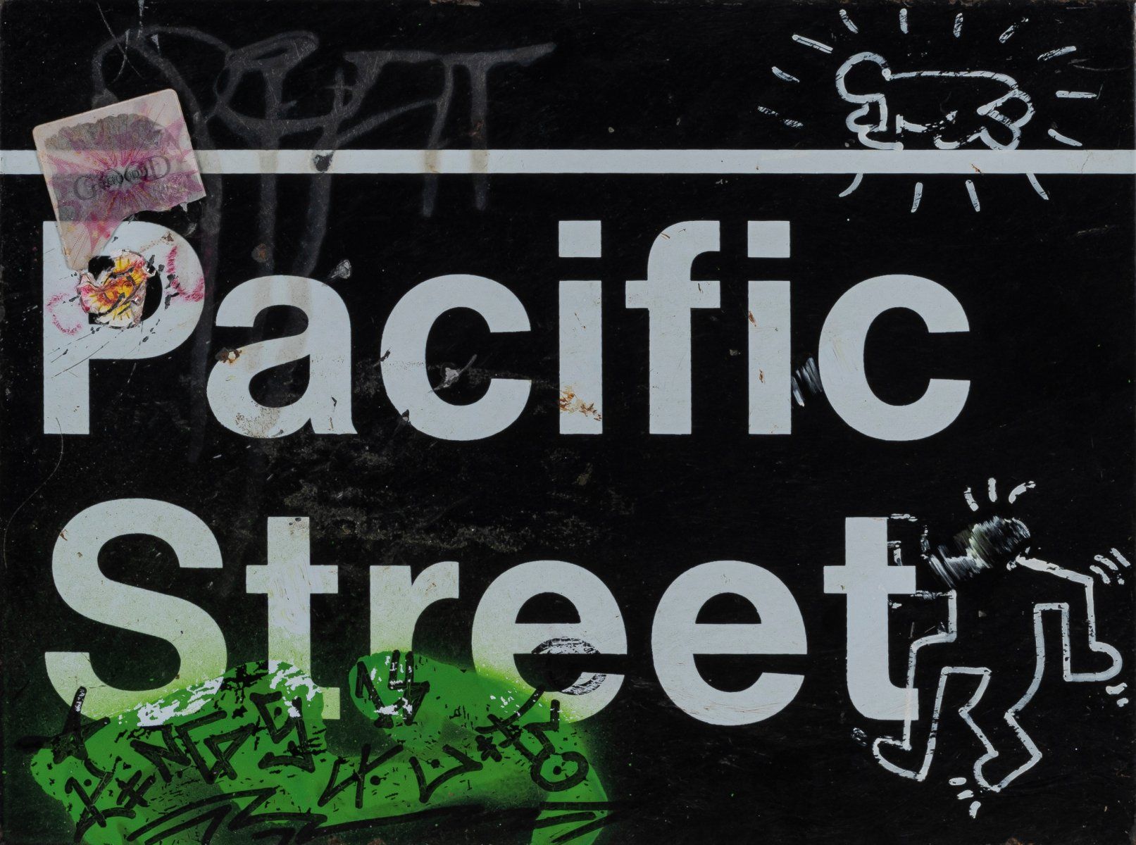 Null 凯斯-哈林（1958年在宾夕法尼亚州雷丁市-1990年在纽约市）（attr.），无题（地铁标志上的小型地铁画），1980年代，地铁标志上的白色纤维笔 &hellip;
