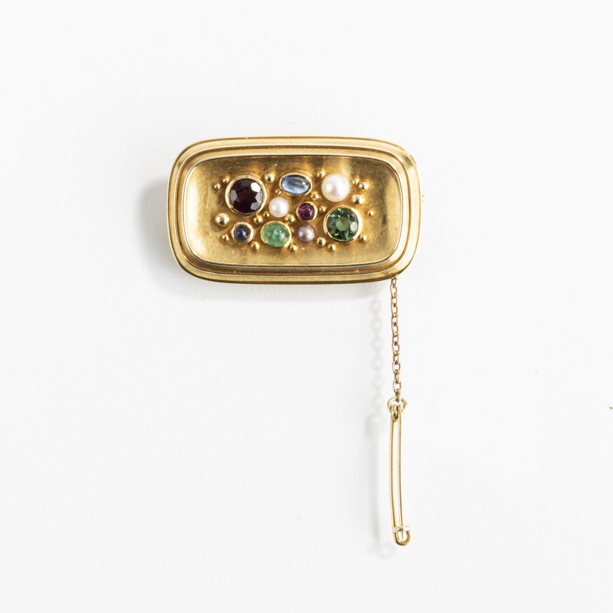 Null 德国，胸针，1960年代，14K和18K黄金，各种宝石，珍珠。10.8克。23 x 40毫米。有签名。585/750，制造商的标记（压印）。