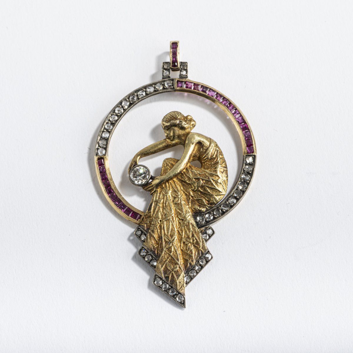 Null Lluís Masriera (style), Pendant, 1940s, 18ct. Yellow gold, silver, rubies, &hellip;