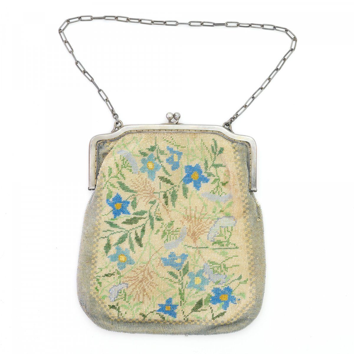 Null 带有雾中情和蝴蝶的袋子，约1900年，高19 x 16.5厘米。编织的多色珠子，丝绸衬里，金属钉，金属链。