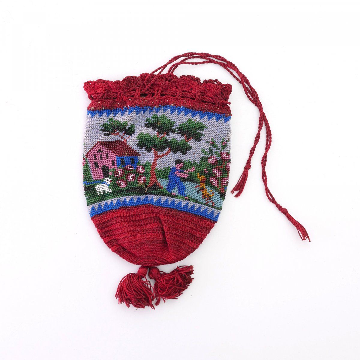 Null 带人和狗的袋子，19世纪下半叶，高18.5 x 12厘米。编织的多色珠子，钩编的底部，纺织的内衬，钩编的拉绳，参见Schürenberg, Glasp&hellip;