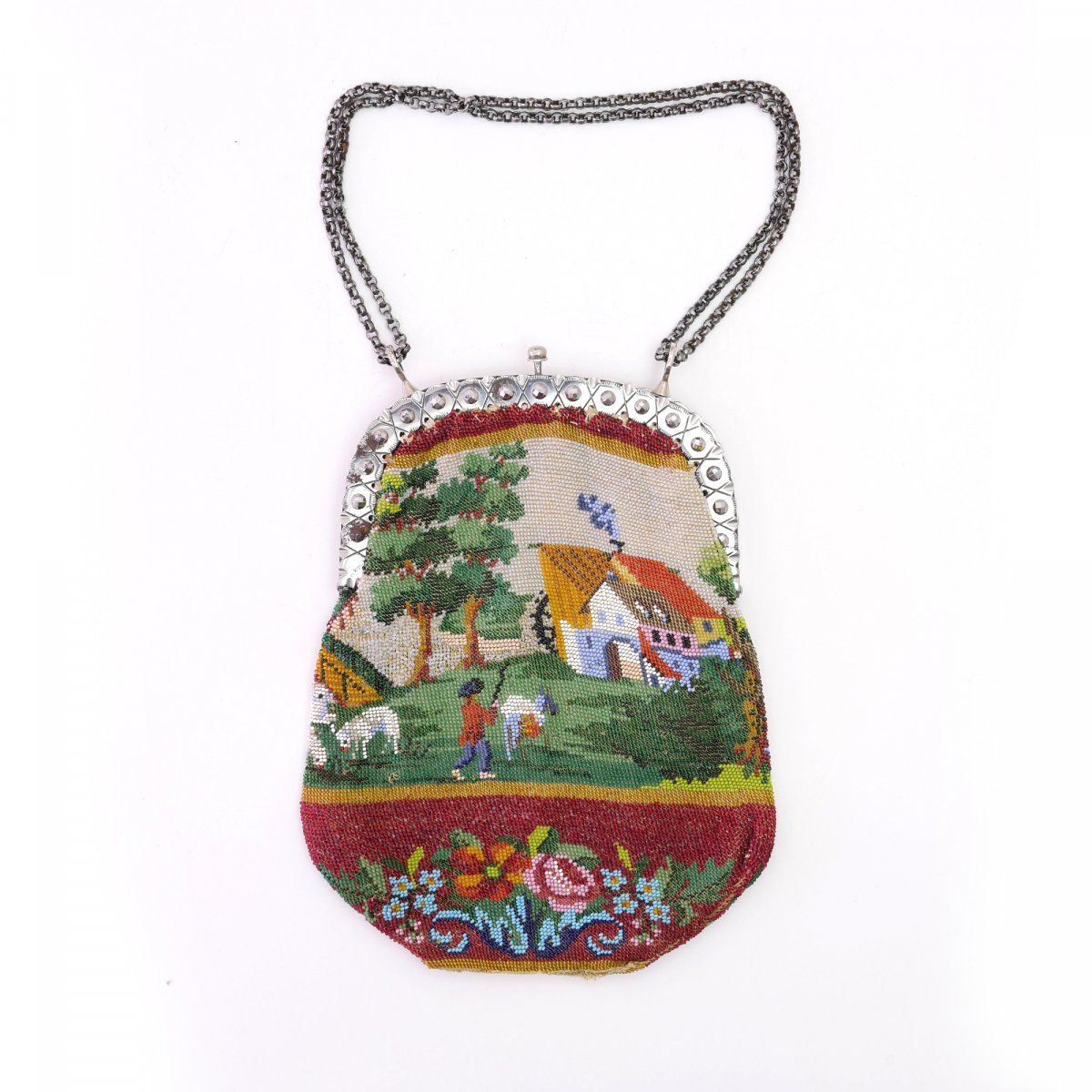 Null Bag with peasant scene, 2nd half of the 19th century, H. 19.5 x 15 cm. Knit&hellip;