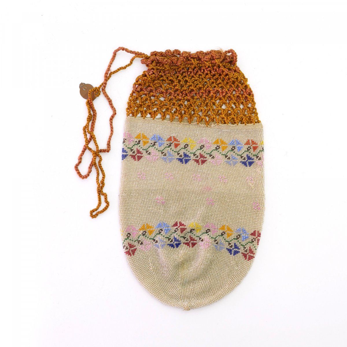 Null 19世纪下半叶，带风格化花朵的袋子，高21 x 11.5厘米。编织的多色珠子，钩编的抽绳。