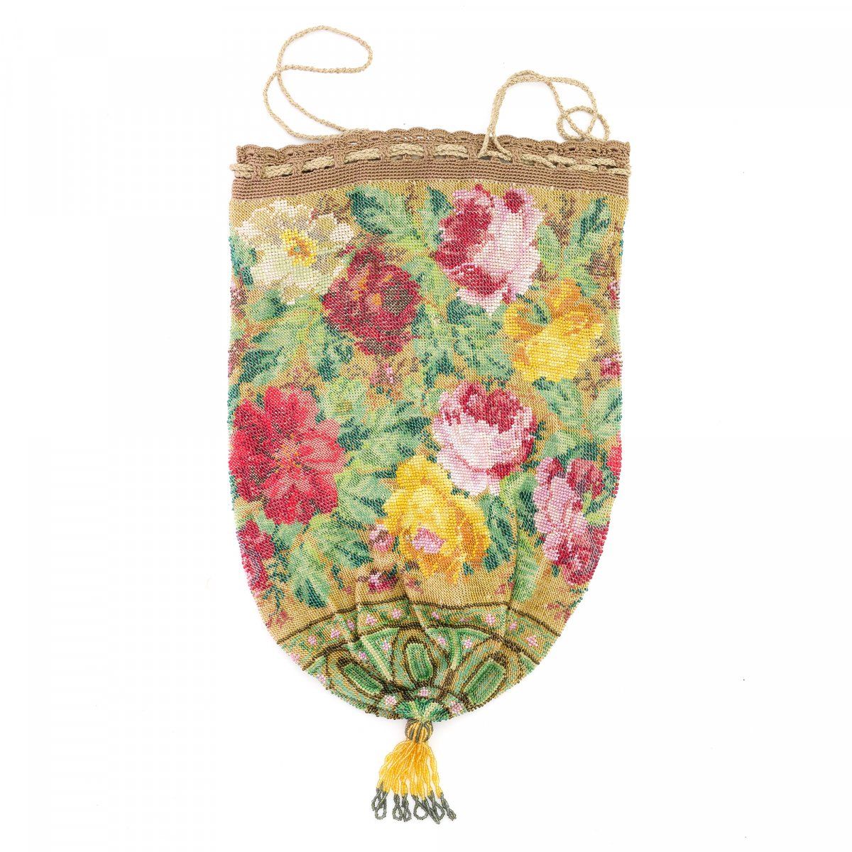 Null 玫瑰花袋，19世纪下半叶，高32 x 18厘米。编织的多色珠子，丝绸衬里，钩编的抽绳，串珠的木球。衬里需要修复。