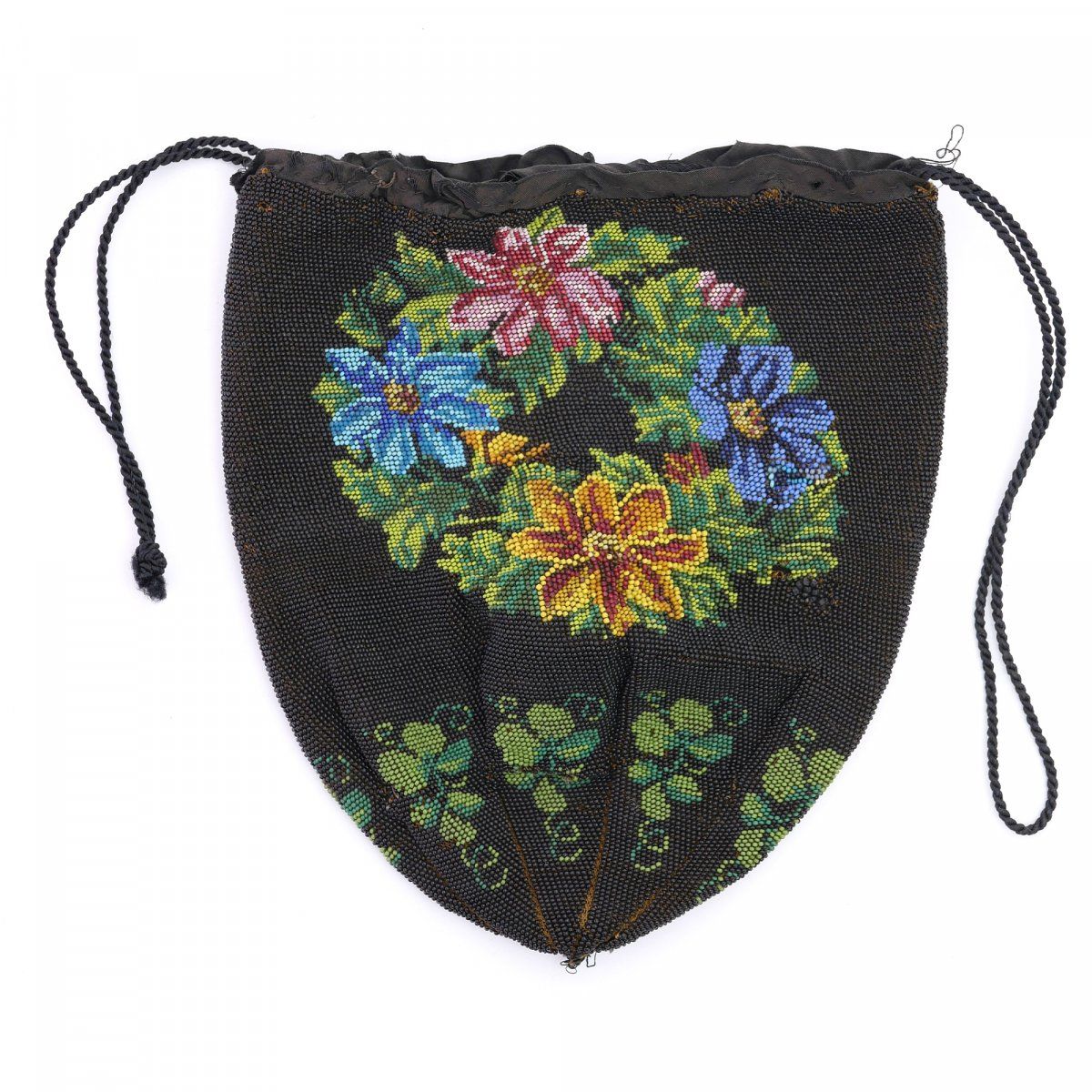Null 带花环和琴的小包，19世纪下半叶，高22 x 20厘米。编织的多色珠子，纺织衬里，带纺织物的抽绳。已修复。