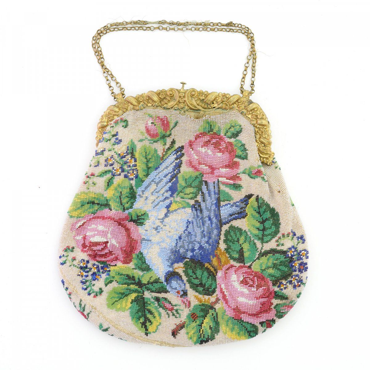 Null 带鸽子的袋子，19世纪下半叶，高21 x 22厘米。编织的多色珠子，带有多色刺绣的丝质衬里，铜制钉子，铜制链子，图案。Schürenberg, Gla&hellip;