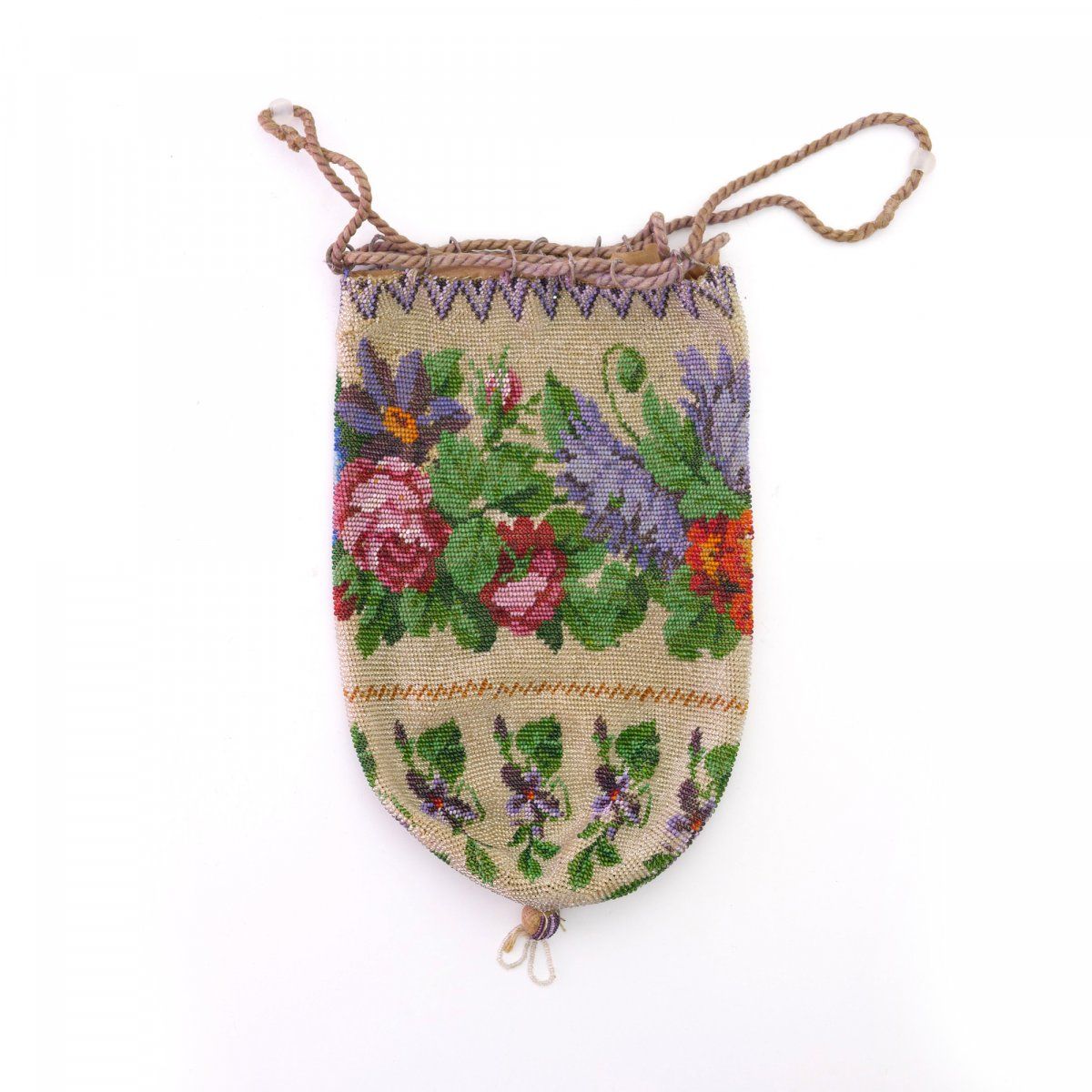 Null Pouch with flower motif, c. 1900, H. 26 x 14 cm. Knitted polychrome beads, &hellip;