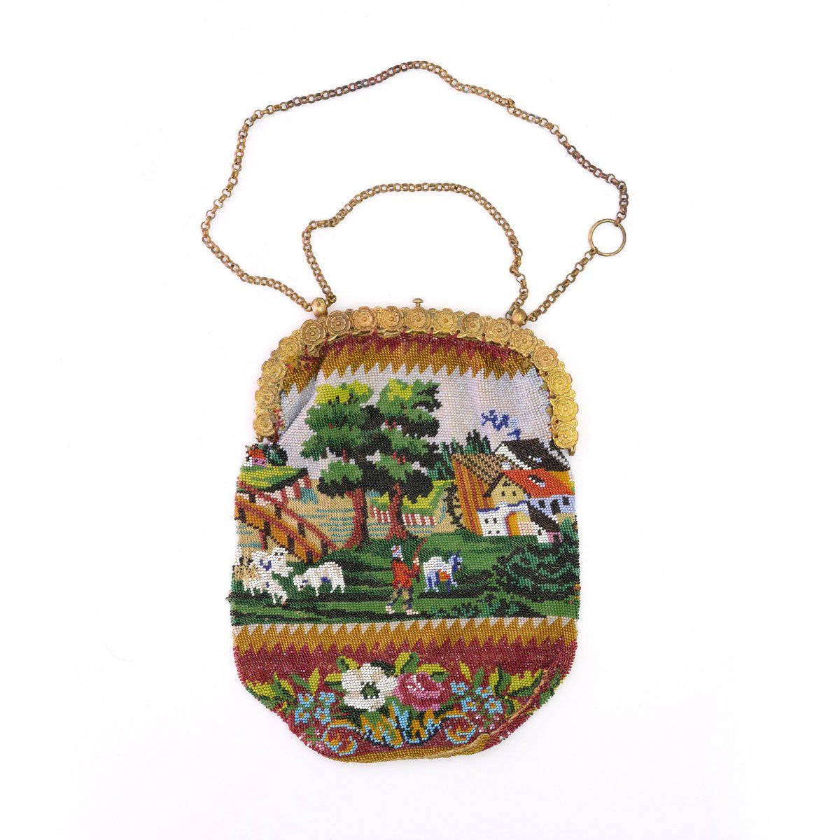 Null 带农民场景的袋子，19世纪下半叶，高19.5 x 15.5厘米。编织的多色珠子，织物衬里，铜制的钉子，铜制的链条。