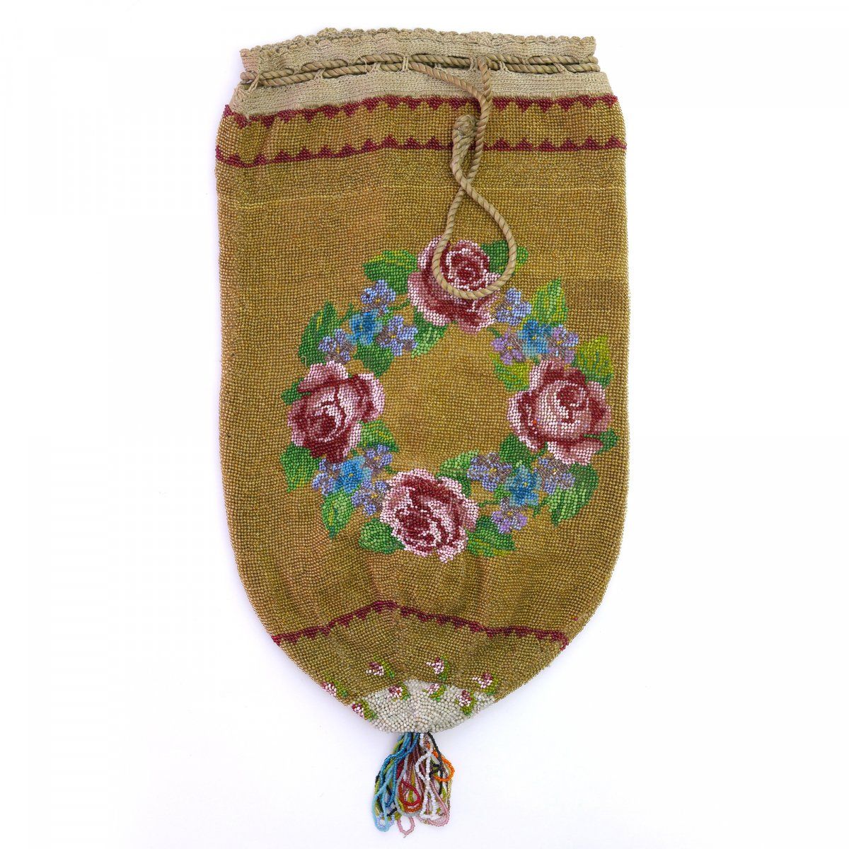 Null 带花环的大袋，19世纪下半叶，高38.5 x 19.5厘米。帆布上的多色珠子刺绣，皮革衬里，钩编的抽绳。