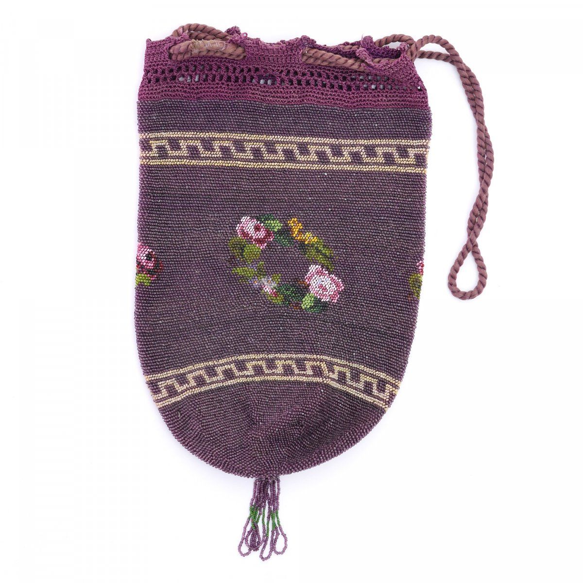 Null 带花环的小袋，19世纪下半叶，高28 x 15厘米。钩编的多色珠子，钩编的抽绳。