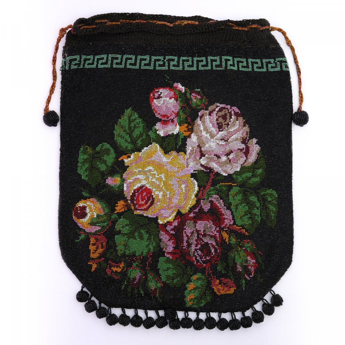 Null Bolsa grande con ramo de rosas, 2ª mitad del siglo XIX, H. 34 x 25 cm. Bord&hellip;