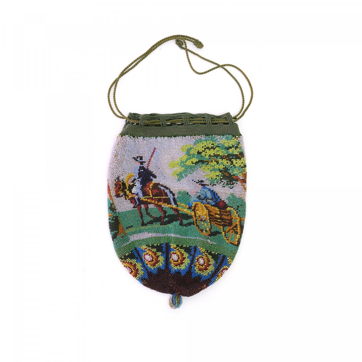 Null 带农民场景的小包，19世纪，高20 x 145厘米。编织的多色珠子，纺织衬里，钩编的抽绳，串珠的木球。
