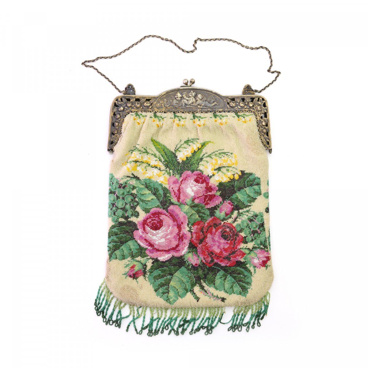 Null 花卉图案的袋子，19世纪下半叶，高30 x 19厘米。编织的多色珠子，织物衬里，金属钉，金属链。扣子弯曲。