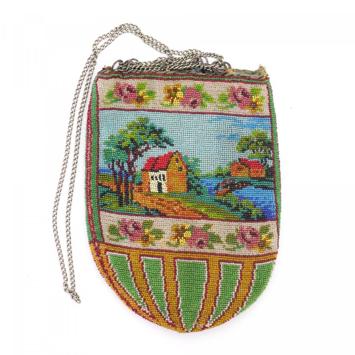 Null Pouch with landscape motif, c. 1900, H. 21 x 16 cm. Polychrome bead embroid&hellip;