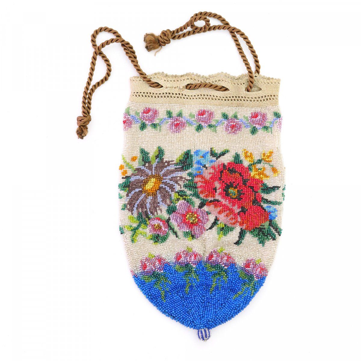 Null 带花边的小包，约1900年，高21 x 13厘米。编织的多色珠子，钩编的抽绳，串珠的木球。